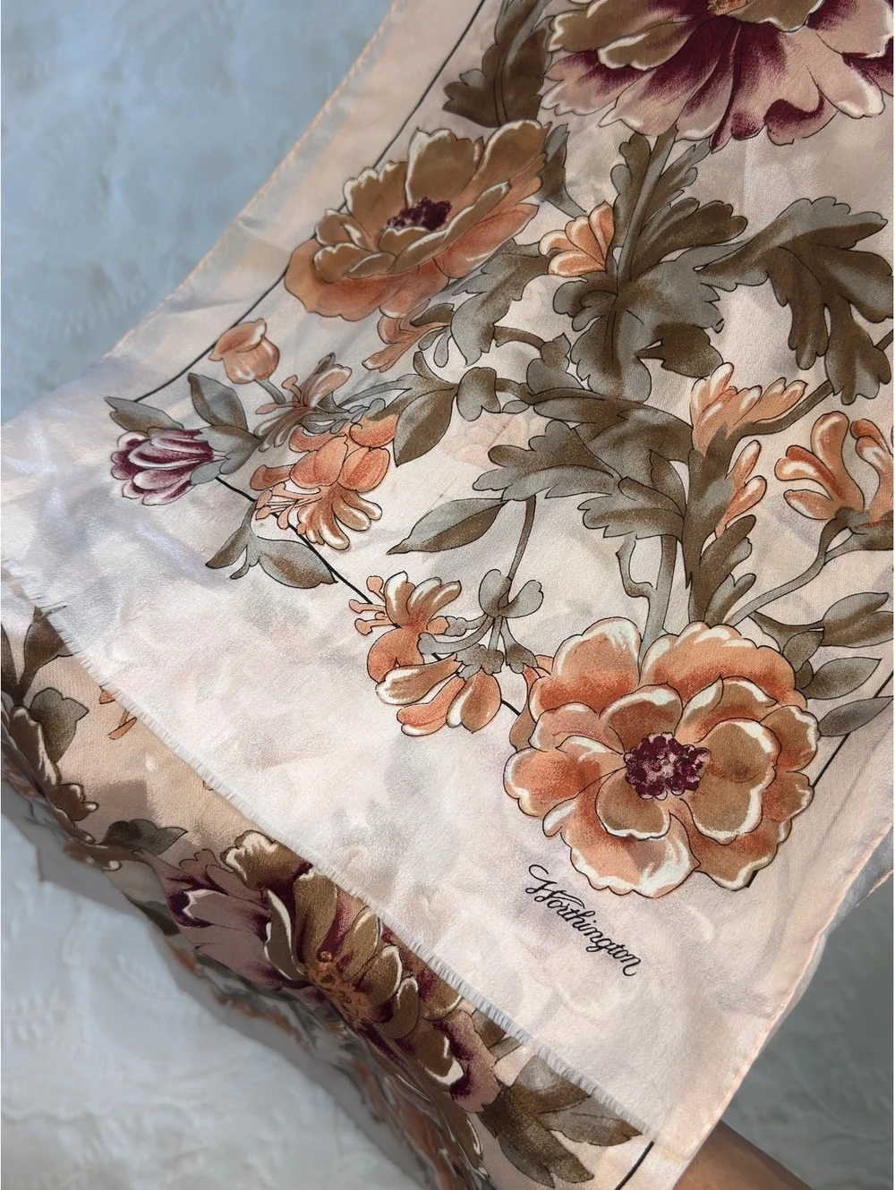 Vintage Worthington Floral Scarf Peach Burgundy Botanical Silky Long Neck Scarf